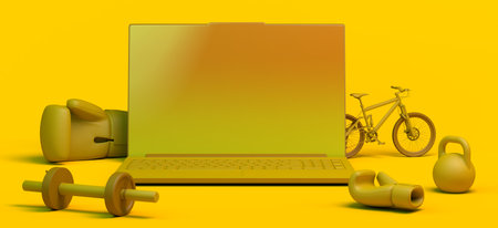 Online sport concept with laptop. Banner. Bicycle, boxing glove, dumbbell ... App. 3D illustration. Copy space. App.の写真素材