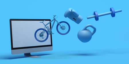 Online sport concept with computer. Banner. Bicycle, boxing glove, dumbbell ... App. 3D...