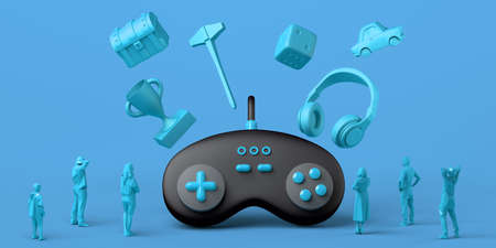 Giant gamepad with headset, dice, chest, and prize floating around, watched by people. Gaming...