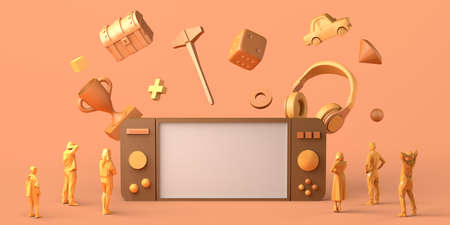 Gaming concept. Giant gamepad with headset, dice, chest, and prize floating around, watched by people. Banner. App. 3D illustration.の写真素材