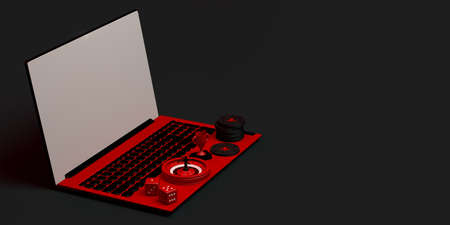 Casino online concept with laptop. Gambling banner. App. 3D illustration. Copy space.の写真素材