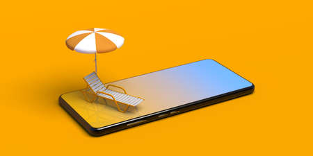 Beach lounger with umbrella on smartphone. Smart summer concept. 3D rendering.の写真素材