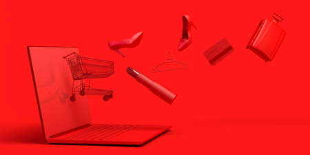 Online shopping concept with laptop. Banner. Shopping cart, lipstick, high heel shoe, credit card ... 3D illustration. Copy space. E-commerce.の写真素材