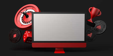 Casino online concept with computer. Gambling banner. App. 3D illustration. Copy space.の写真素材