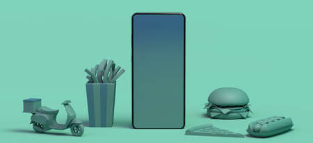 Buy food online with smartphone. Take away banner. Delivery. Motorcycle, hot dog, pizza, hamburger, fries. Junk food. 3d illustration. Copy space. App.の写真素材