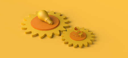 Idea and creation concept with gears, light bulb, chair and laptop. 3d illustration.の写真素材