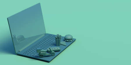 Buy food online with laptop. Take away banner. Delivery. Motorcycle, hot dog, pizza, hamburger, fries. Junk food. 3d illustration. Copy space. App.の写真素材