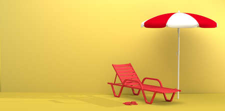 Beach or pool lounger with umbrella and flip flops on yellow background. Summer concept. 3D rendering.の写真素材