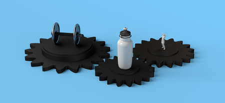 Sports concept concept with gears, weights, bottle of water and person watching over gears. 3d...