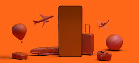 Travel concept with smartphone. Banner. Plane, train, suitcase, camera, balloon ... Copy space. App....