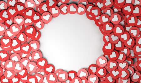 Abstract background of likes on social networks with heart. 3D illustration.