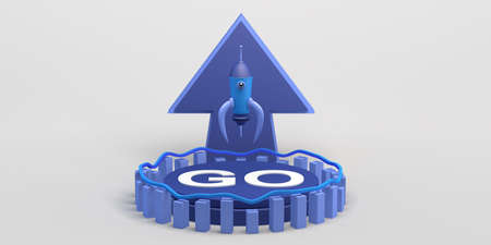 Rocket launch with pie chart and the word go and arrow. Development and promotion of a new product...
