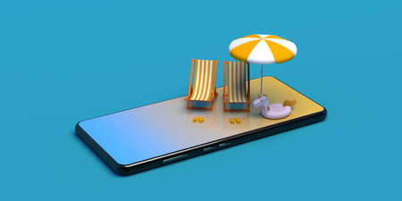 Pair of folding chairs, umbrella, flip flops and unicorn float on smartphone. Summer concept. 3d rendering.の写真素材