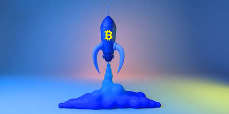 Rocket launch with bitcoin symbol. Virtual currency. Takeoff. Banner. 3d illustration.