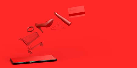 Online shopping concept with smartphone. Banner. Shopping cart, lipstick, high heel shoe, credit...