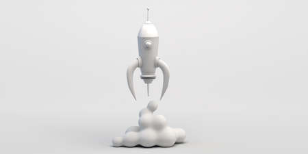 Rocket launch on white background. Development and promotion of a new product or service. Startup....