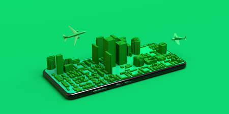 City on smartphone with airplanes. Banner. Abstract. 3d illustration.