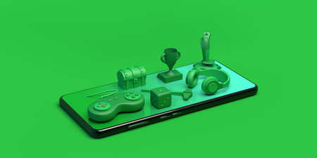 Gamer concept with smartphone. Banner. Game console controller, dice, headphones, chest, joystick, prize ... 3D illustration.の写真素材