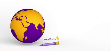 Globe of the world with vaccine syringe from the pharmaceutical company AstraZeneca. Race for the...