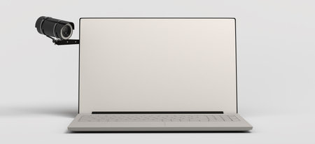 Laptop video surveillance concept. Phone with security camera. 3D illustration. Copy space.