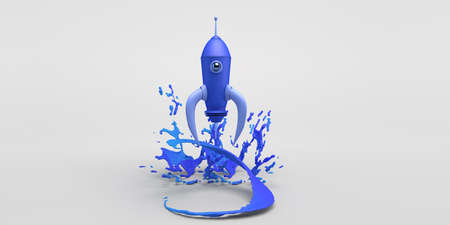 Rocket launch with liquid splash. Development and promotion of a new product or service. Startup. 3d...