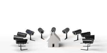 Home video surveillance concept. Cameras surrounding a house. Illustration. 3D. Banner. Copy space....