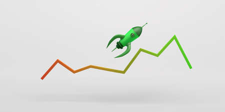 Rocket flying over graph with upward results. Development and promotion of a new product or service....