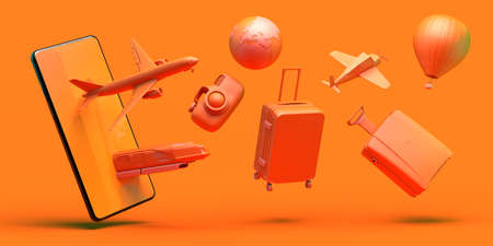 Travel concept with smartphone. Banner. Plane, train, suitcase, camera, balloon ...の写真素材