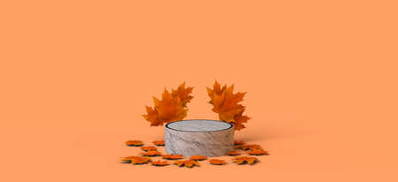 Empty autumn season marble pedestal with dried leaves on orange background. Podium to place product, text, or promotion. 3D illustration. Copy space.の写真素材