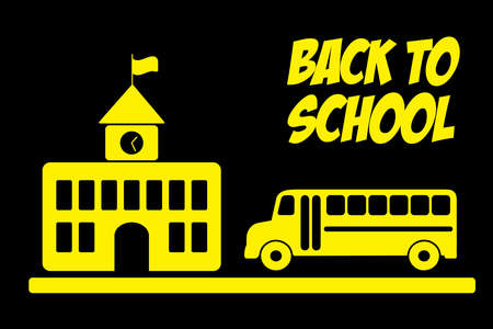 Back to school banner with school and yellow school bus on black background.のイラスト素材