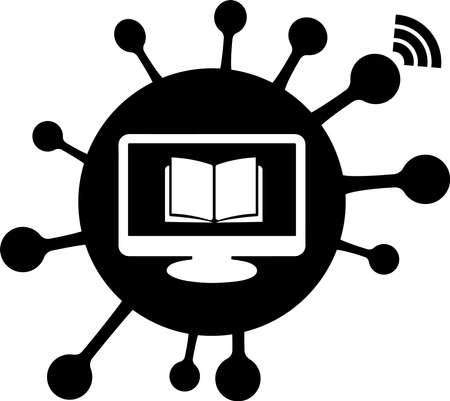 Online learning icon with computer and book on virus background.のイラスト素材