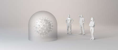 People looking at a virus protected by a glass bubble. 3d illustration.
