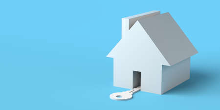 House with key entering through the door. Real estate market. Open house. 3d illustration. Banner. Background.の写真素材