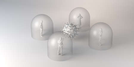 People protected in glass bubbles from a virus. 3d illustration.