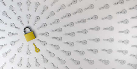 Padlock closed with keys. Problems and solutions concept. Privacy, secure. 3d illustration.