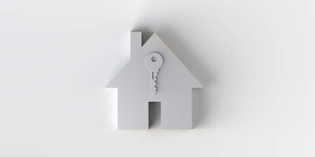 Key on top of a house. Real estate market. Buy and sell. 3d illustration. Icon. Banner. Background.の写真素材