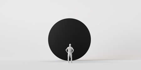Man in front of a black circle. The beyond. Mystery. Background. Banner. 3d illustration.の写真素材