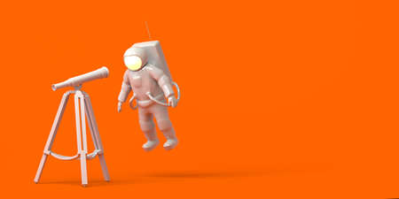Astronaut in front of a telescope on orange background. 3d illustration. Banner.