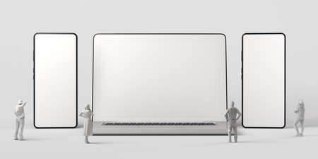 Mockup of laptop and two smartphones on white background and people watching. 3D illustration. Screens to show product or service. Display.の写真素材