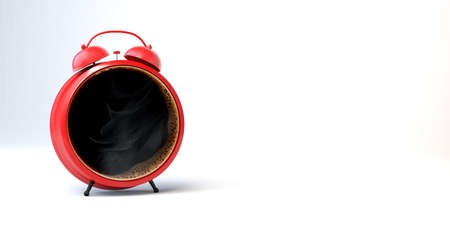 Alarm clock concept with coffee. 3d illustration.の写真素材