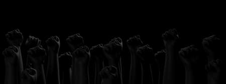 Black fists on black background with rim. Side view. Black Lives Matter. Blackout. Social justice...