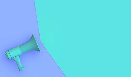 Green megaphone on purple background with space to place advertising or text. 3D illustration. Pastel colors. Comes out. Copy space.の写真素材