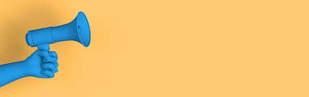 Hand holding a blue megaphone on pastel yellow background to announce or promote something. 3D illustration. Copy space.の写真素材
