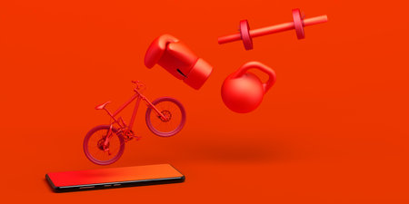 Online sport concept with smartphone. Banner. Bicycle, boxing glove, dumbbell ... App. 3D illustration.の写真素材