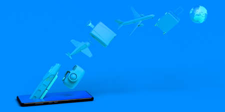 Travel concept with smartphone. Banner. Plane, train, suitcase, camera, balloonの写真素材