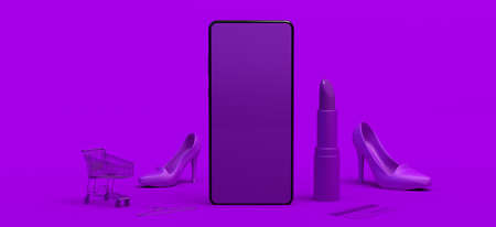 Online shopping concept with smartphone. Banner. Shopping cart, lipstick, high heel shoe, credit cardの写真素材