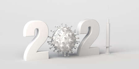the year 2021 with virus and vaccine syringe. New Year banner. 3D illustration.の写真素材