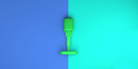 Microphone on green and blue background. Top view. Flat lay. 3D illustration. Banner.の写真素材
