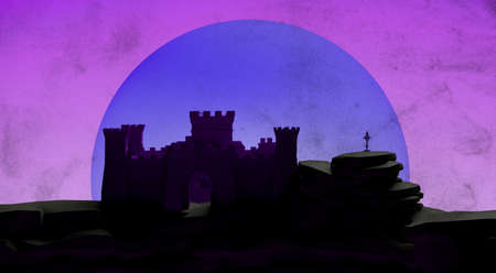 Abstract sunset with ruined old castle. Banner. Background. 3D illustration.の写真素材