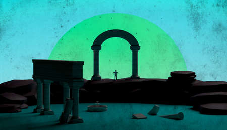 Abstract sunset with ruins of a Greek temple. Banner. Background. 3d illustration.の写真素材